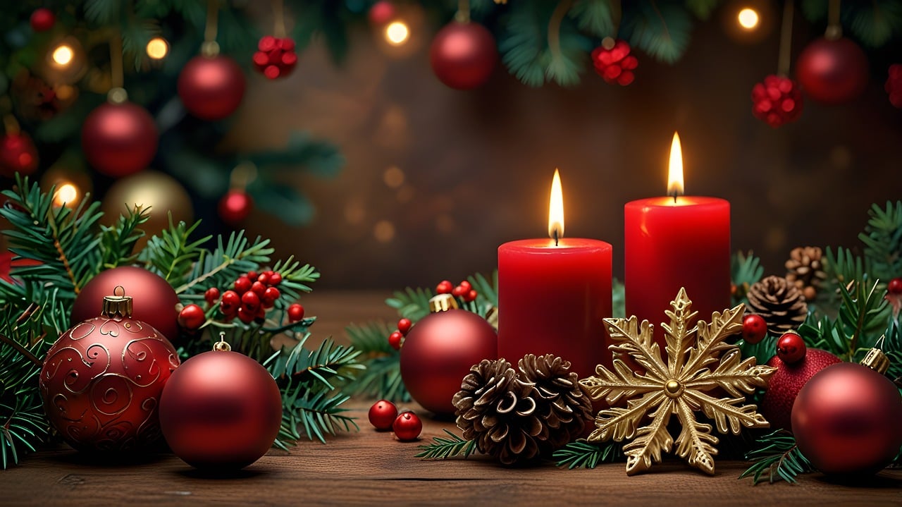 Julbild med 2 röda levande blockljus, röda julkulor, granris och stjärnor