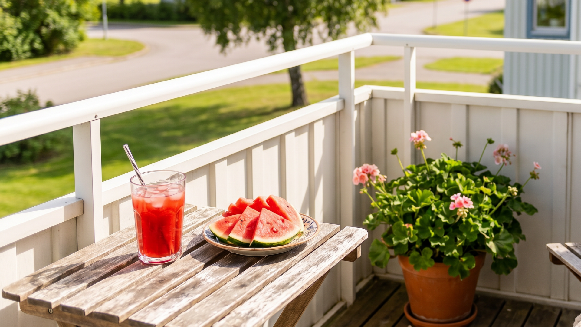 Bild på en balkong där det finns ett balkongbord med ett glas saft och en tallrik med vattenmelon p