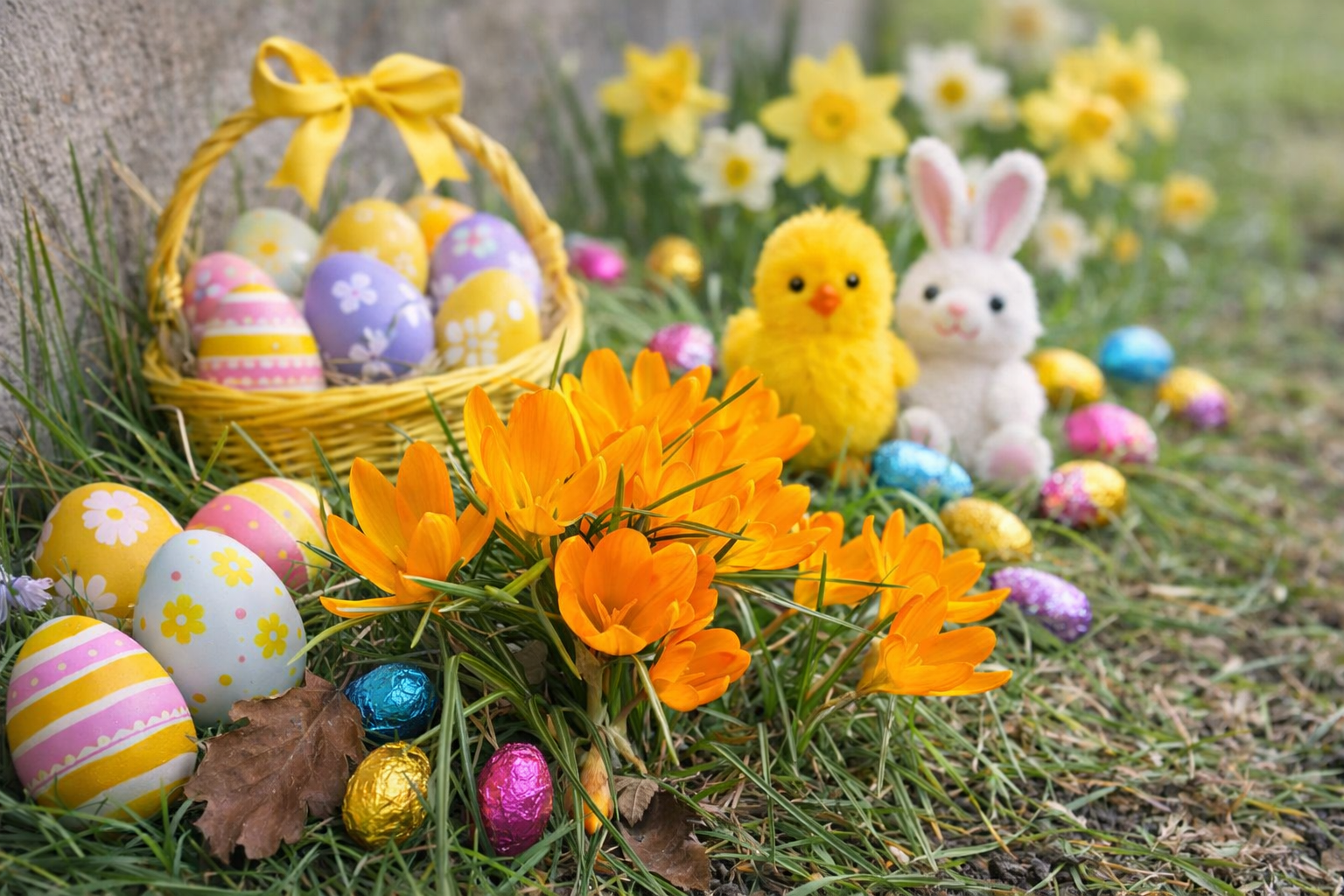 Påsk, krokus, målade ägg, gräsmatta